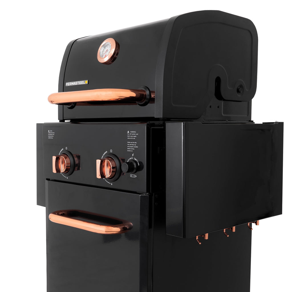 Permasteel 2-Burner Compact Propane Gas Grill with Foldable Sides, Black with Copper Accent Gas Grills