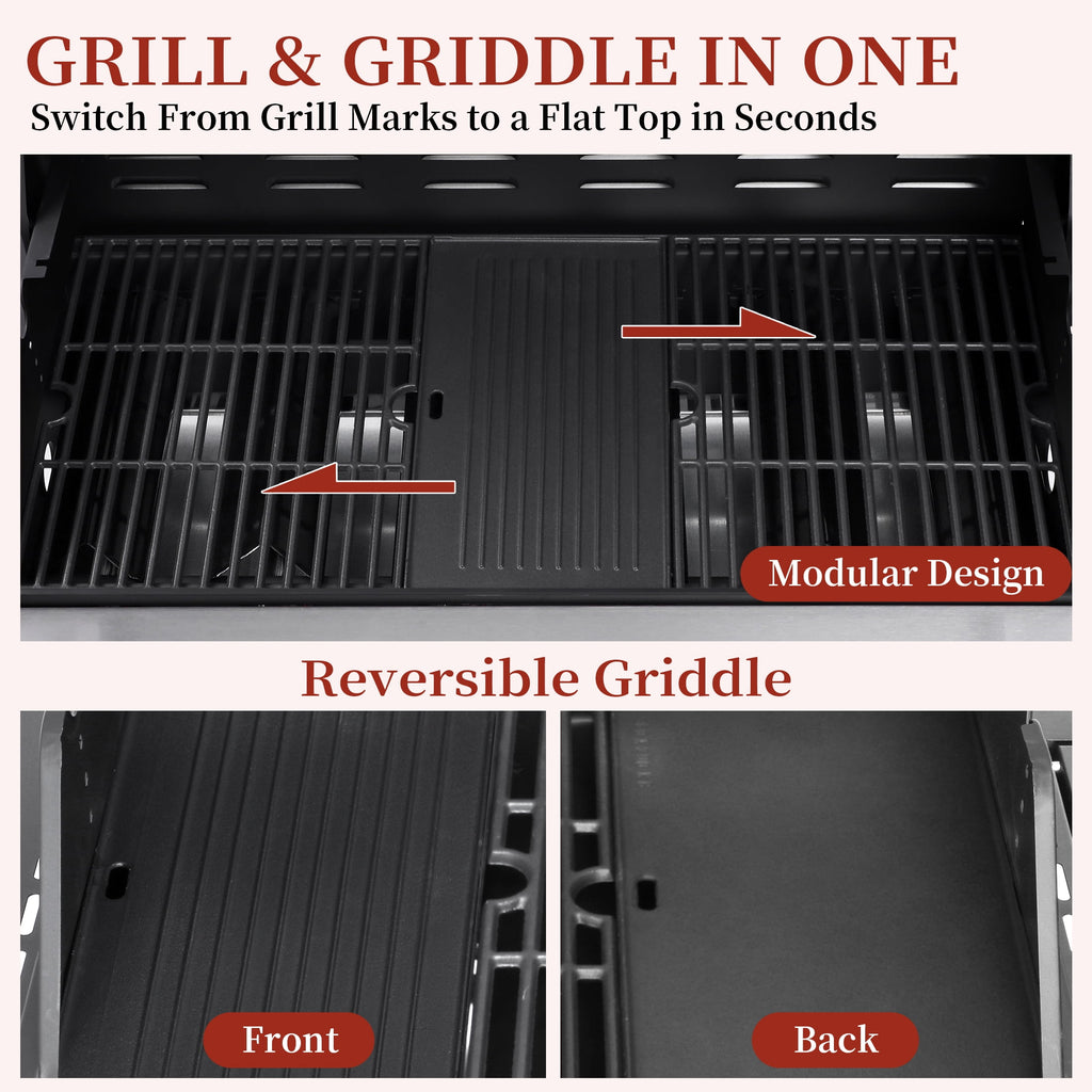 CIG GARDEN 6-Burner Propane Gas Grill with Side Burner,73000 BTU Output Double-Layer Stainless Steel BBQ Grill Lid with Cast Iron Grates CIG GARDEN