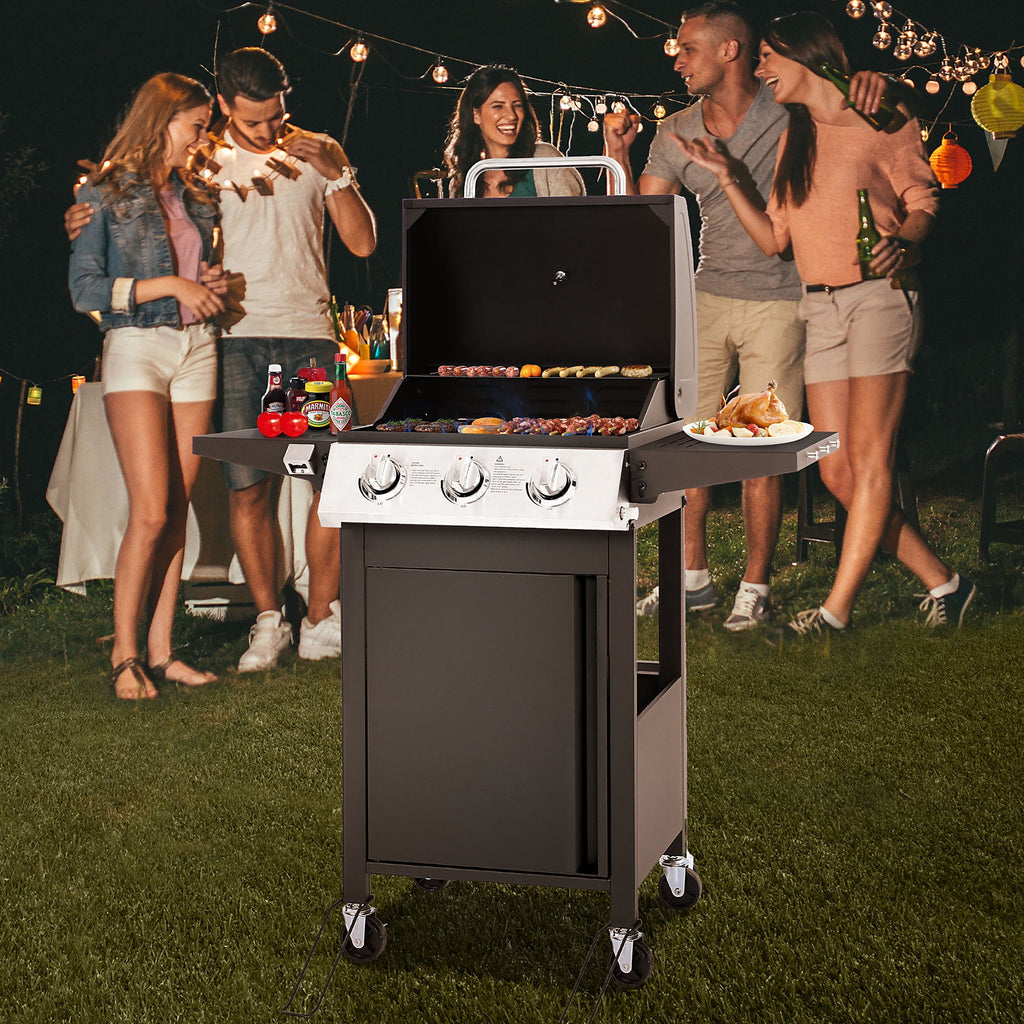 30000 BTU Gas Grill with 4 Universal Wheels, 3 Burners Outdoor BBQ Grill with Steel Brush & Thermometer for Outdoor Camping Gas Grills
