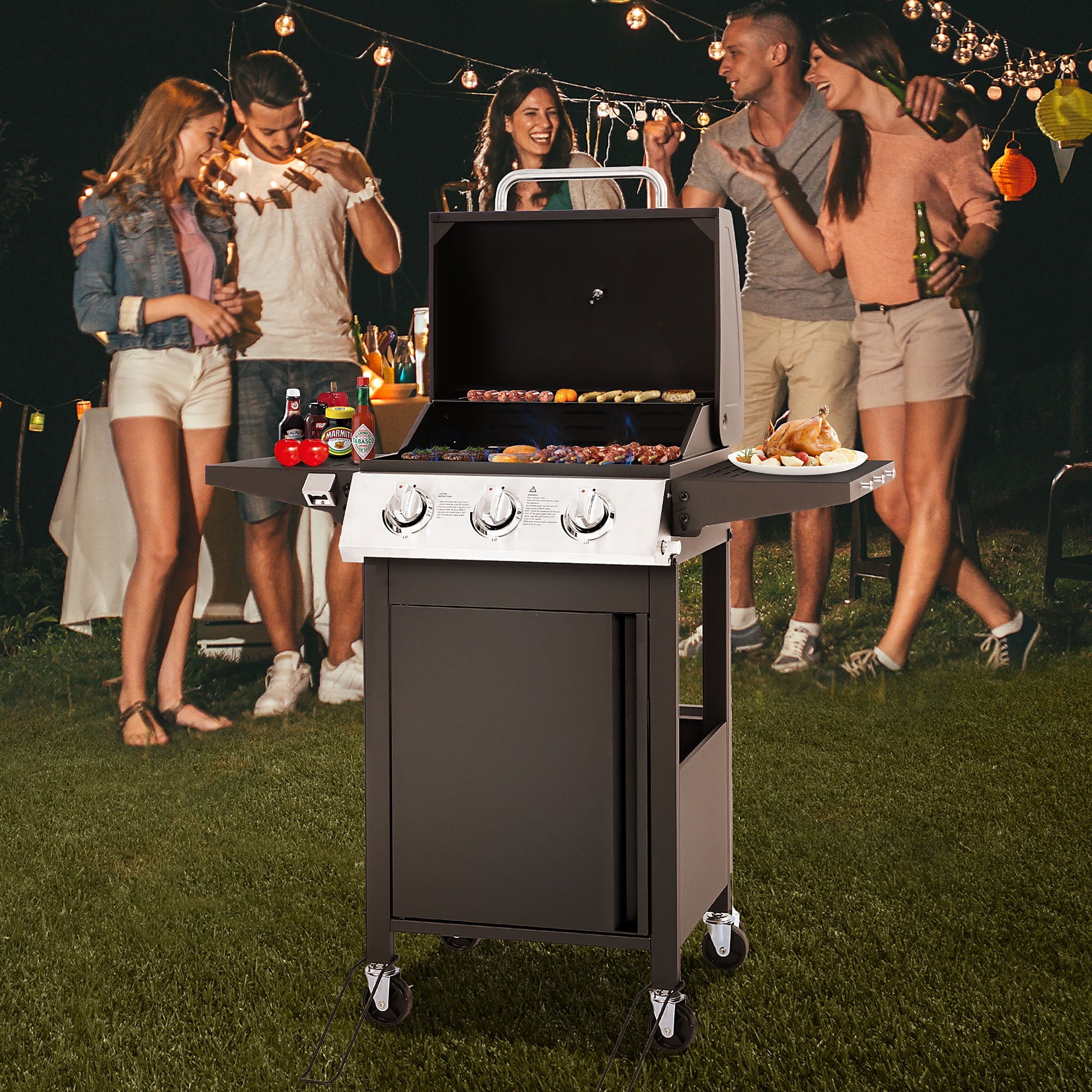 30000 BTU Gas Grill with 4 Universal Wheels, 3 Burners Outdoor BBQ Grill with Steel Brush & Thermometer for Outdoor Camping Gas Grills