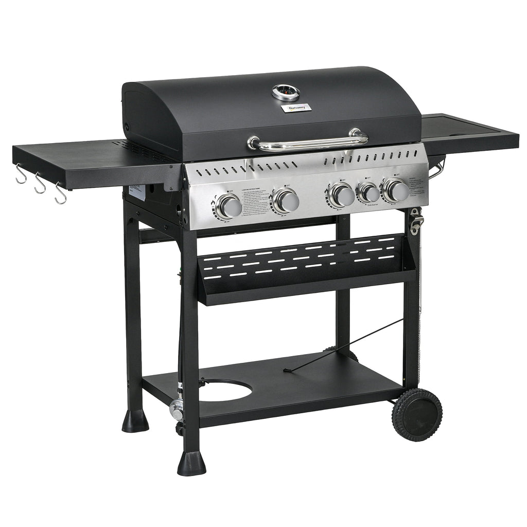 Outsunny 4 Burner Propane Gas Grill with Side Burner, 40,000 BTU Outdoor Barbeque with Shelves, Thermometer, Bottle Opener, Black Outsunny
