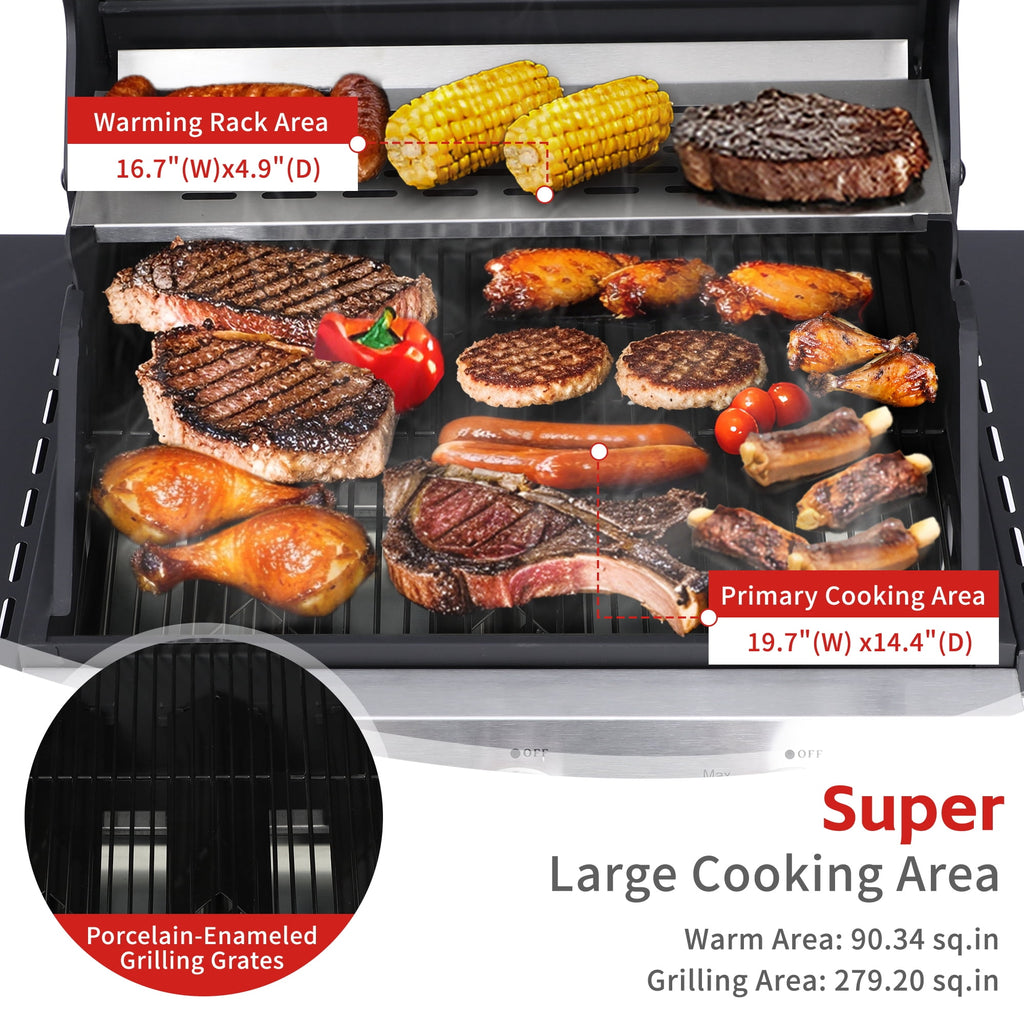 3-Burner Propane Gas Grill with 30,000 BTU Output - Double-layer Stainless Steel Grill Lid, Enamel Cooking Grate, Easy-Clean Grease Management & Even Heat Distribution for Perfect BBQs Born Free