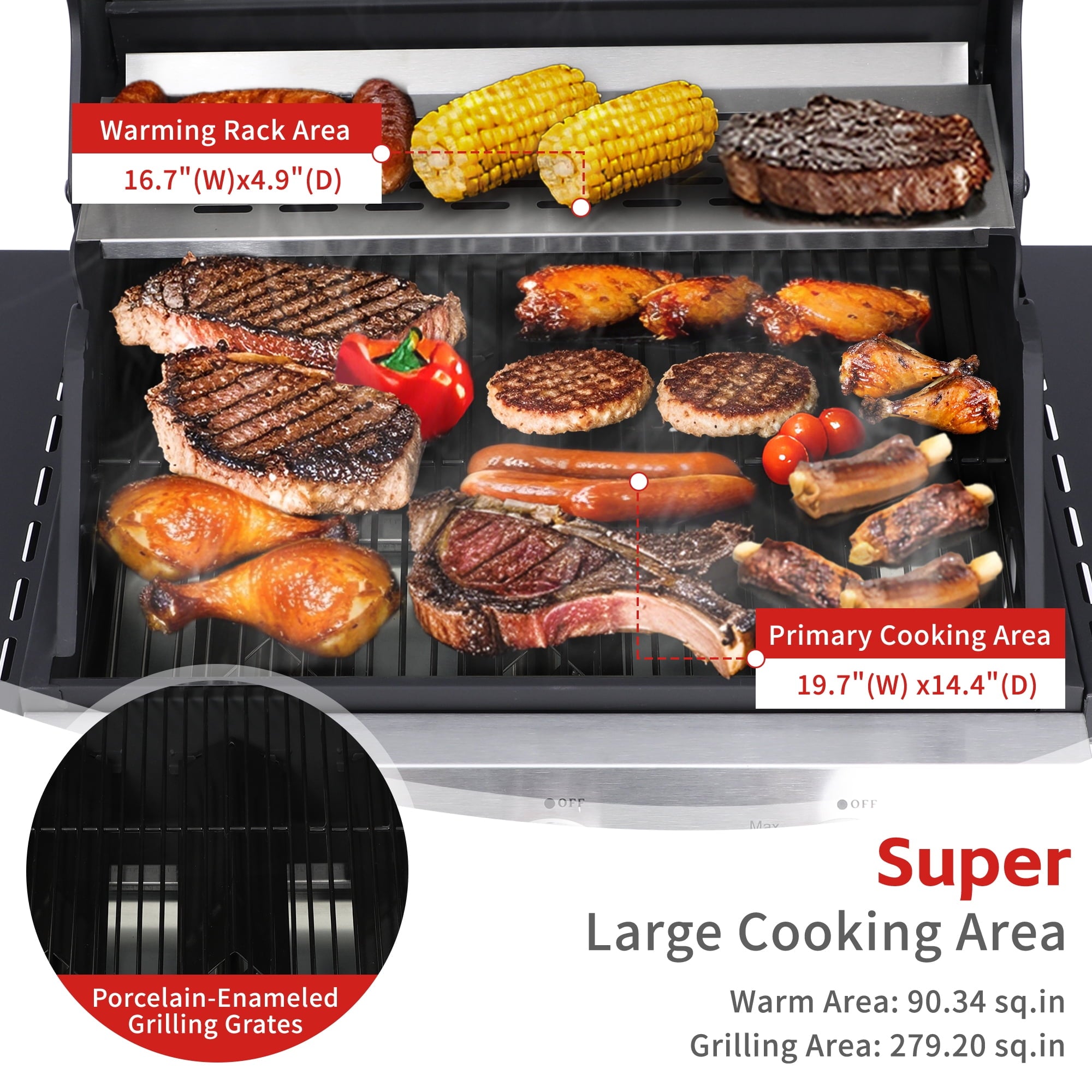 3-Burner Propane Gas Grill with 30,000 BTU Output - Double-layer Stainless Steel Grill Lid, Enamel Cooking Grate, Easy-Clean Grease Management & Even Heat Distribution for Perfect BBQs Born Free