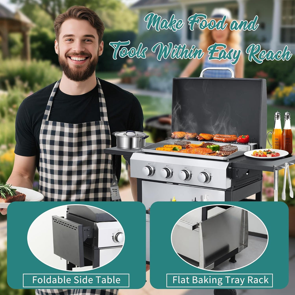 Updated 4 Burner Propane Gas Grill with Lid & Foldable Side Tables, 49200 BTU Outdoor BBQ Grill for Backyard - Stainless Steel Plancha & Cast Iron Cooking Grids Combo Unbranded