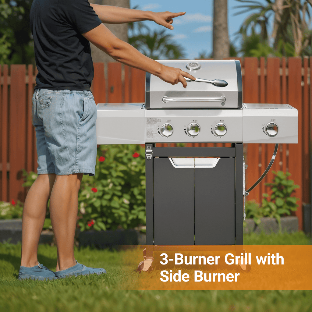 Syngar 3-Burner Propane Gas Grill with Side Burner, 40,500 BTU Outdoor BBQ Grill with 287 sq.in. Main Cooking Area, Stainless Steel Construction, Side Shelf, Ideal for Patio, Backyard, Garden Gas Grills