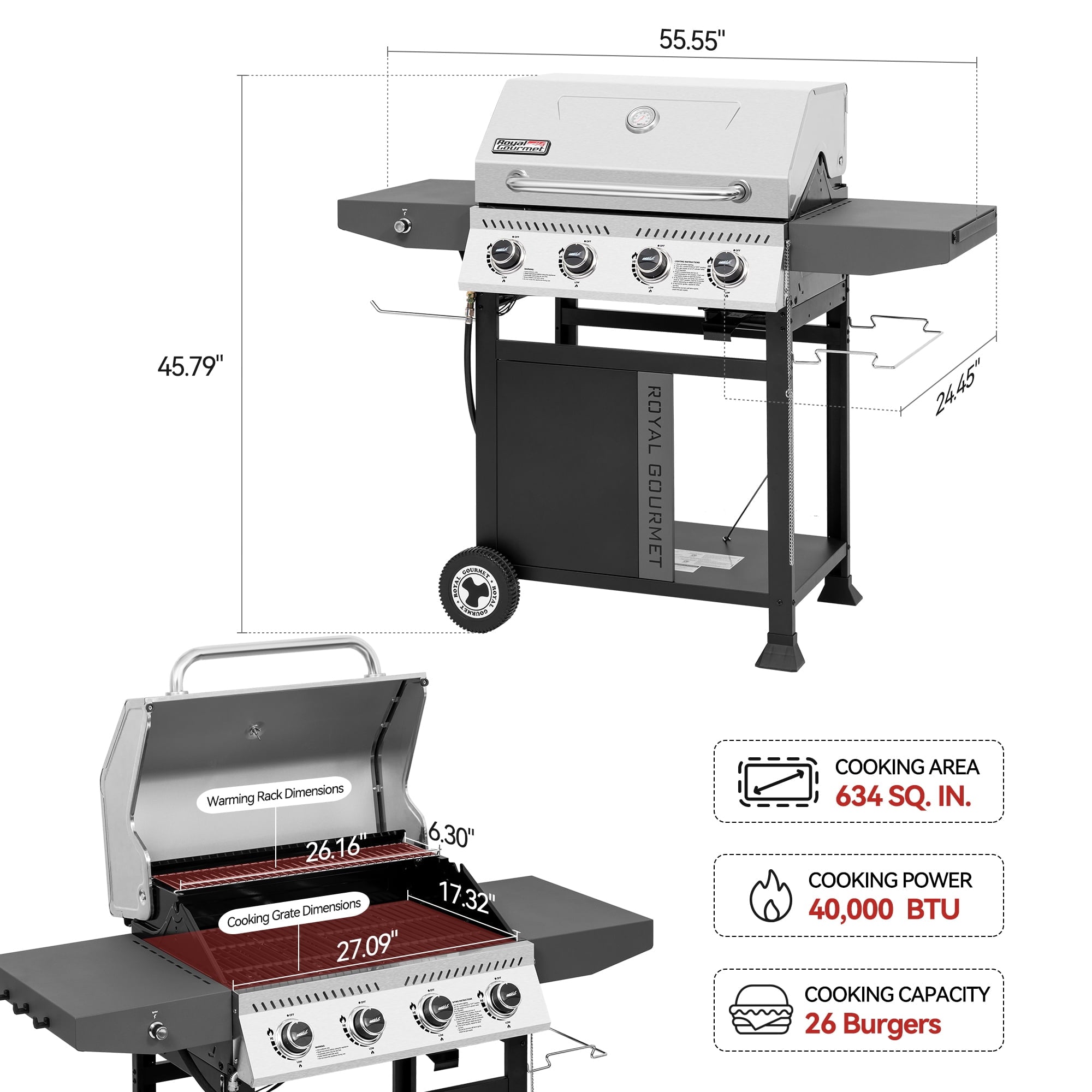 Royal Gourmet GA4405TS Premium 4-Burner Gas Grill with Side Shelves, 40,000 BTU Propane Grill with Stainless Steel Lid Royal Gourmet