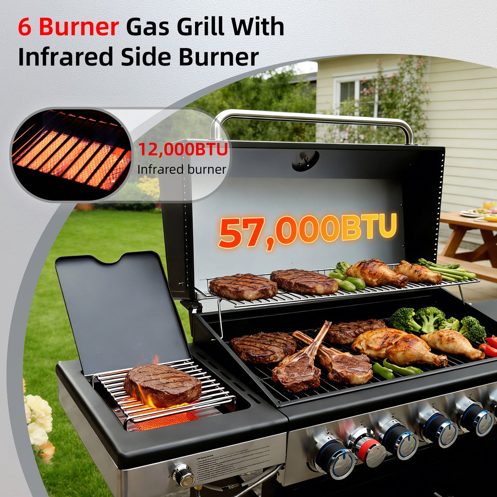 Brand-Man Grills 6-Burner Propane Gas Grill with Infrared Side Burner, Porcelain-Enameled Cast Iron Grate & Griddle, Outdoor Backyard BBQ Grill Gas Grills