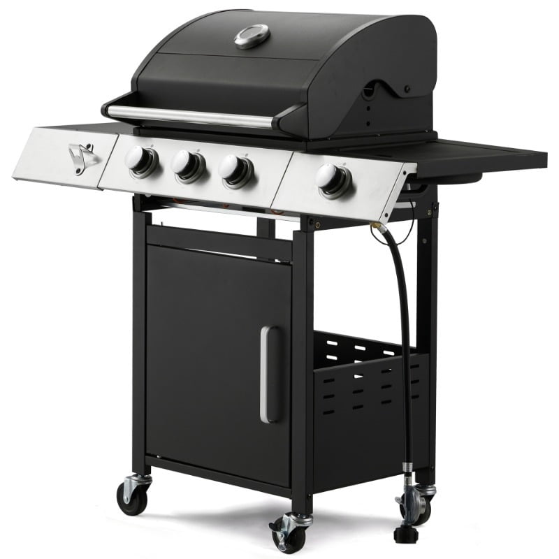 43.3x43.3 Large Cooking Area 3-Burner Grill - Side Burner, Cast Iron Grates, 36, 000 BTU Output, Lockable Wheels, Black Camping Grill for Outdoor Barbeque U-HOMY
