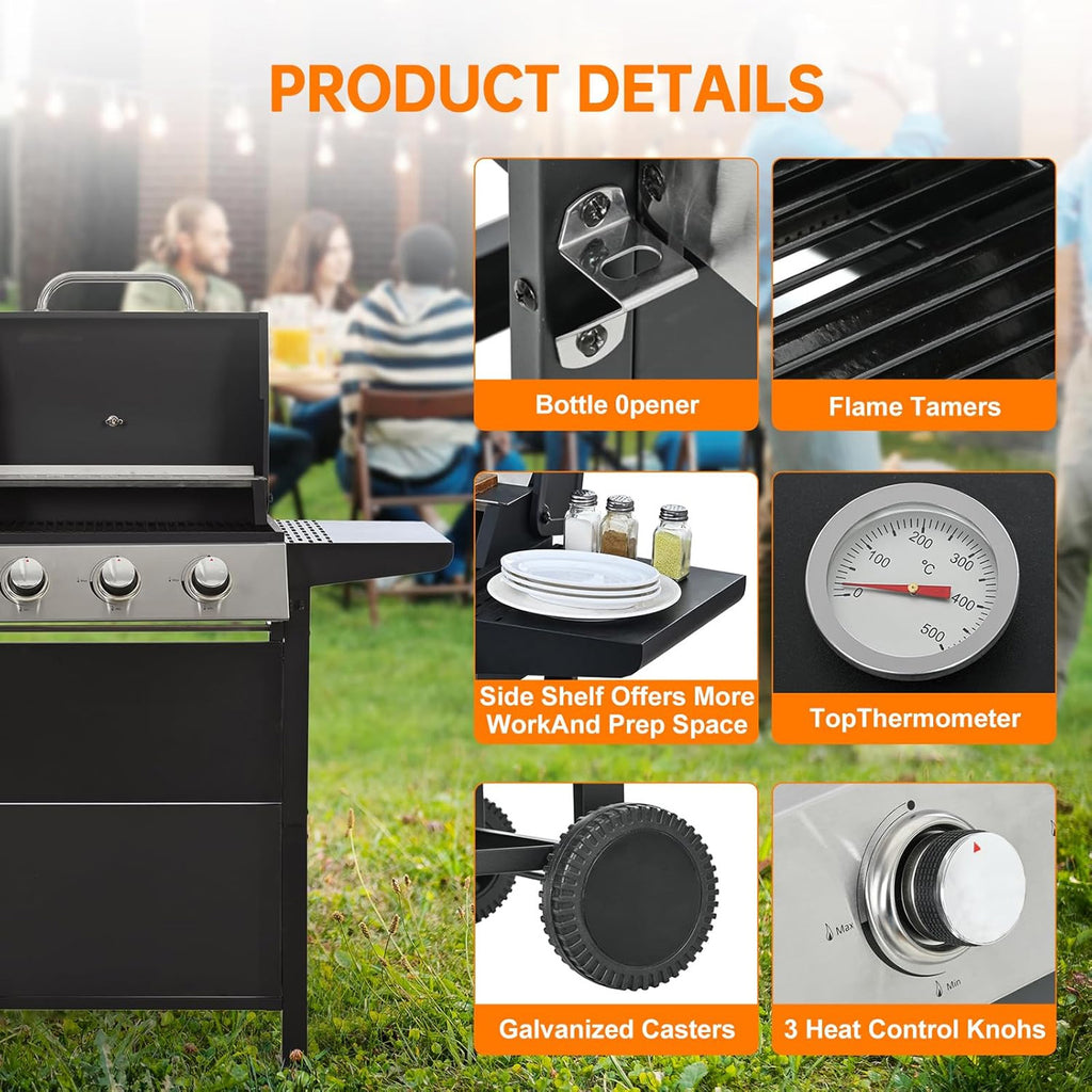 3-Burner Propane Gas Grill, 25650 BTU, Stainless Steel Outdoor BBQ Gill with Wire Enamel Grids, Thermometer for Cookingand Foldable Side Tables Gas Grills