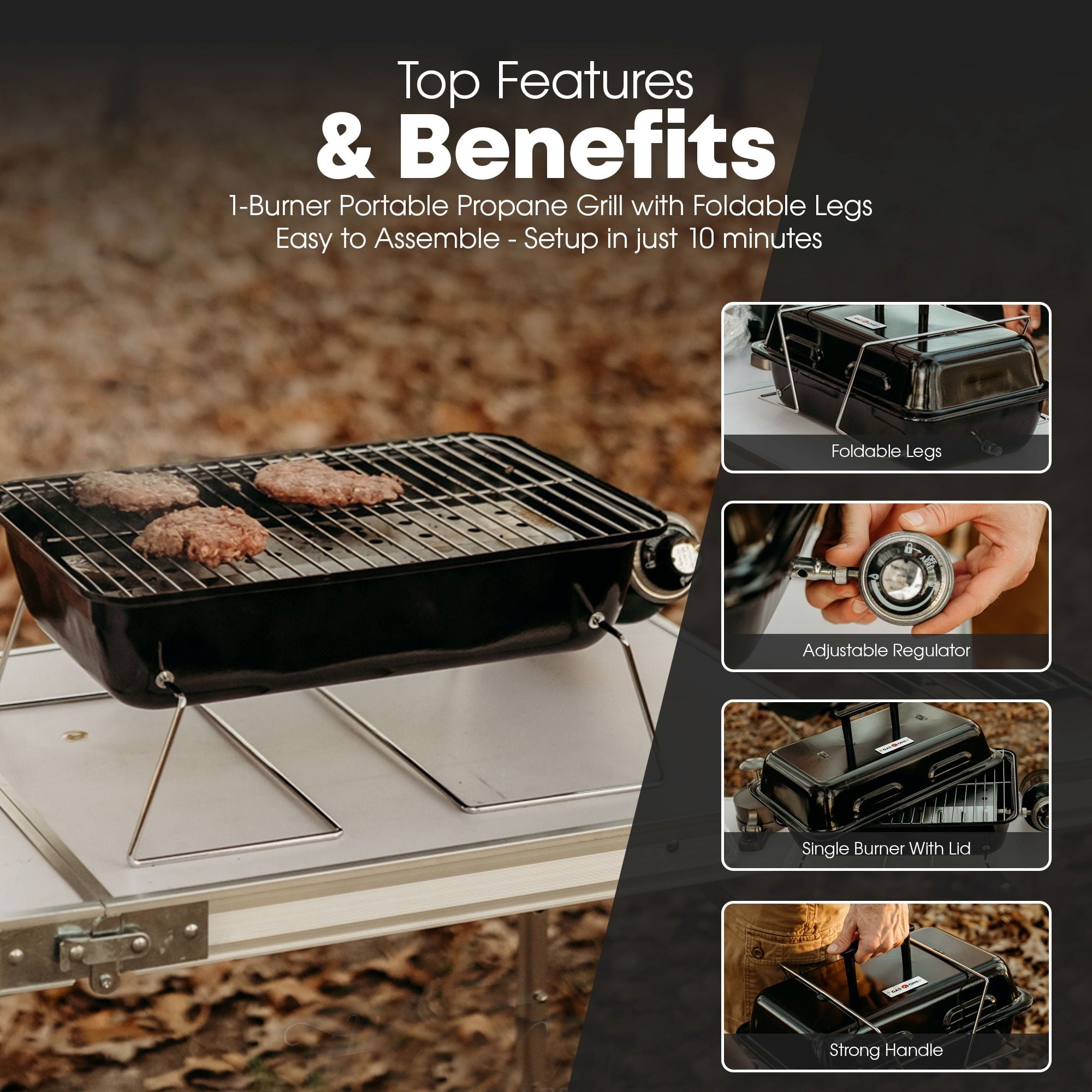 GasOne GPT-25 Propane Burner Gas Grill with Foldable Legs – Portable Grill Propane BBQ Grills with Adjustable Regulator – Heavy Duty Metal Construction – Easy to Assemble, Compact Foldable Design Gas One