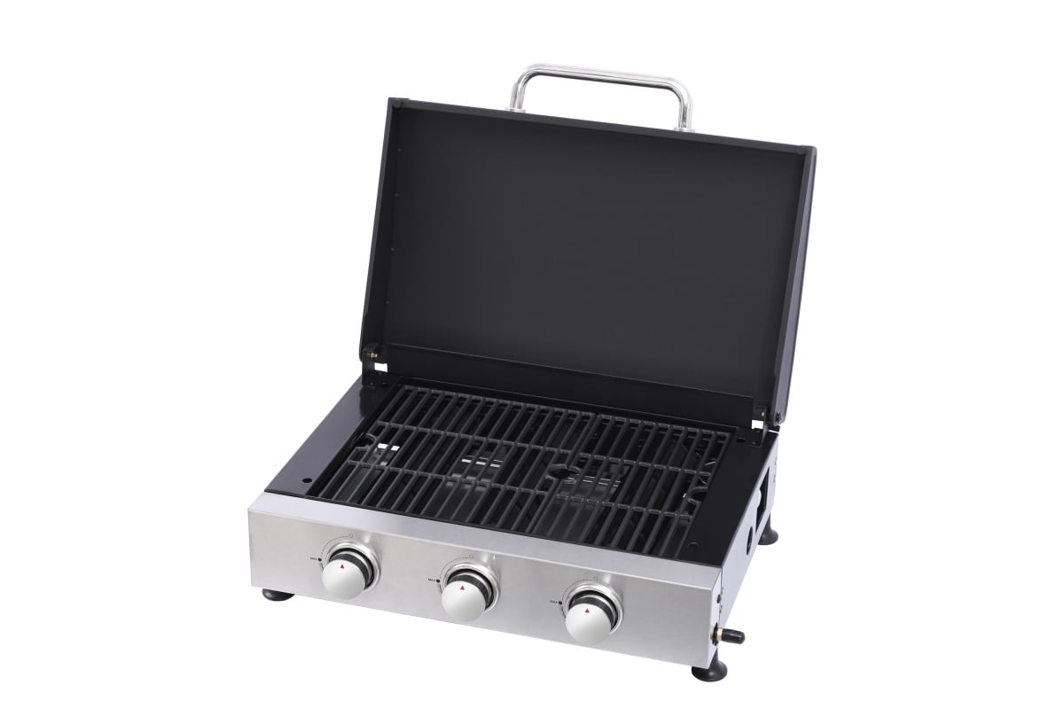 3 Burner Gas Grill - 28,650 BTU High-Powered, Stainless Steel with High-Temperature Enamel Coating, Multi-Function Teppanyaki & Grill, Cast Iron Grates, Pull-Out Oil Pan with Cups, Safe Ignition GORTES