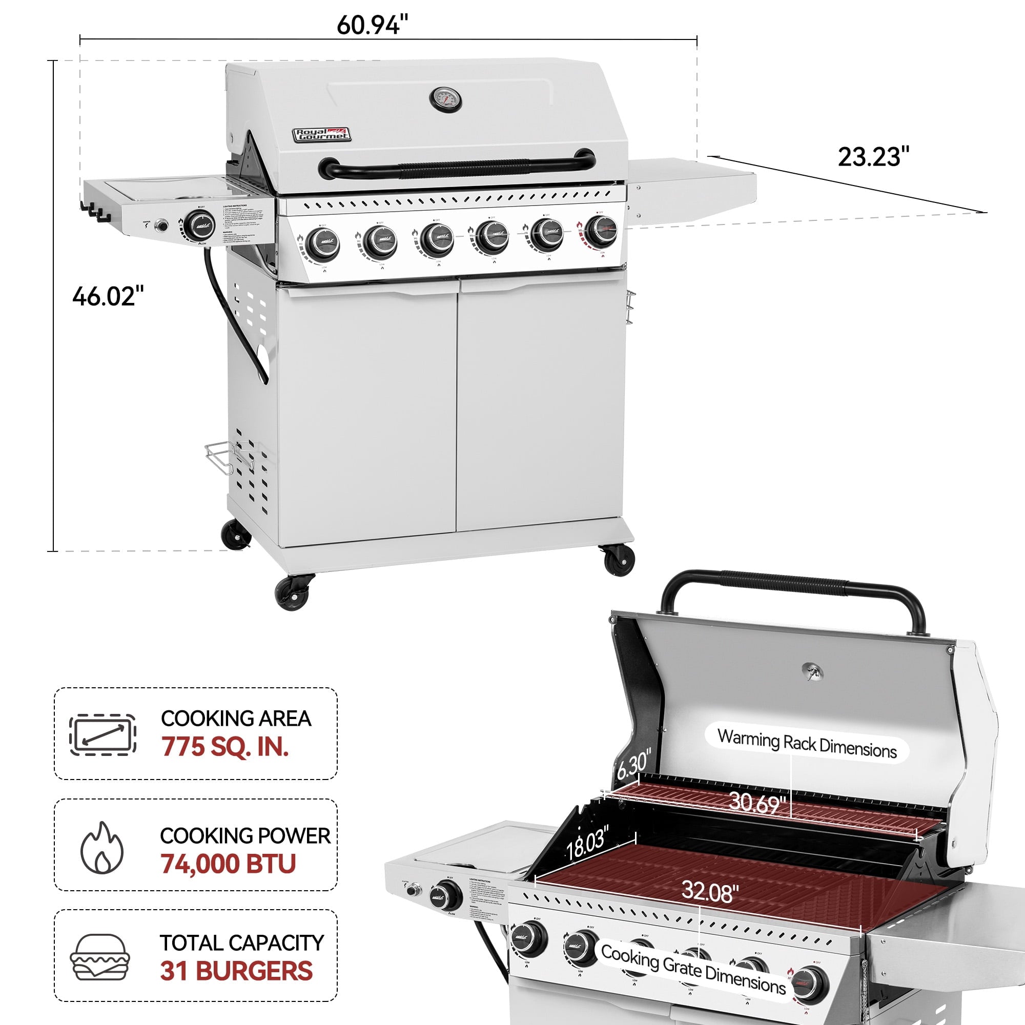 Royal Gourmet GA6406W 6-Burner BBQ Gas Grill, with Sear Burner and Side Burner, Cabinet Style Grill, 74,000 BTU, White Royal Gourmet