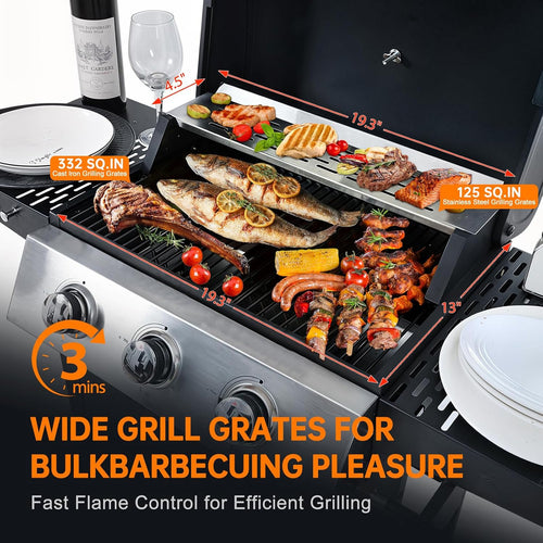 3-Burner Propane Gas Grill, 25650 BTU, Stainless Steel Outdoor BBQ Gill with Wire Enamel Grids, Thermometer for Cookingand Foldable Side Tables Gas Grills