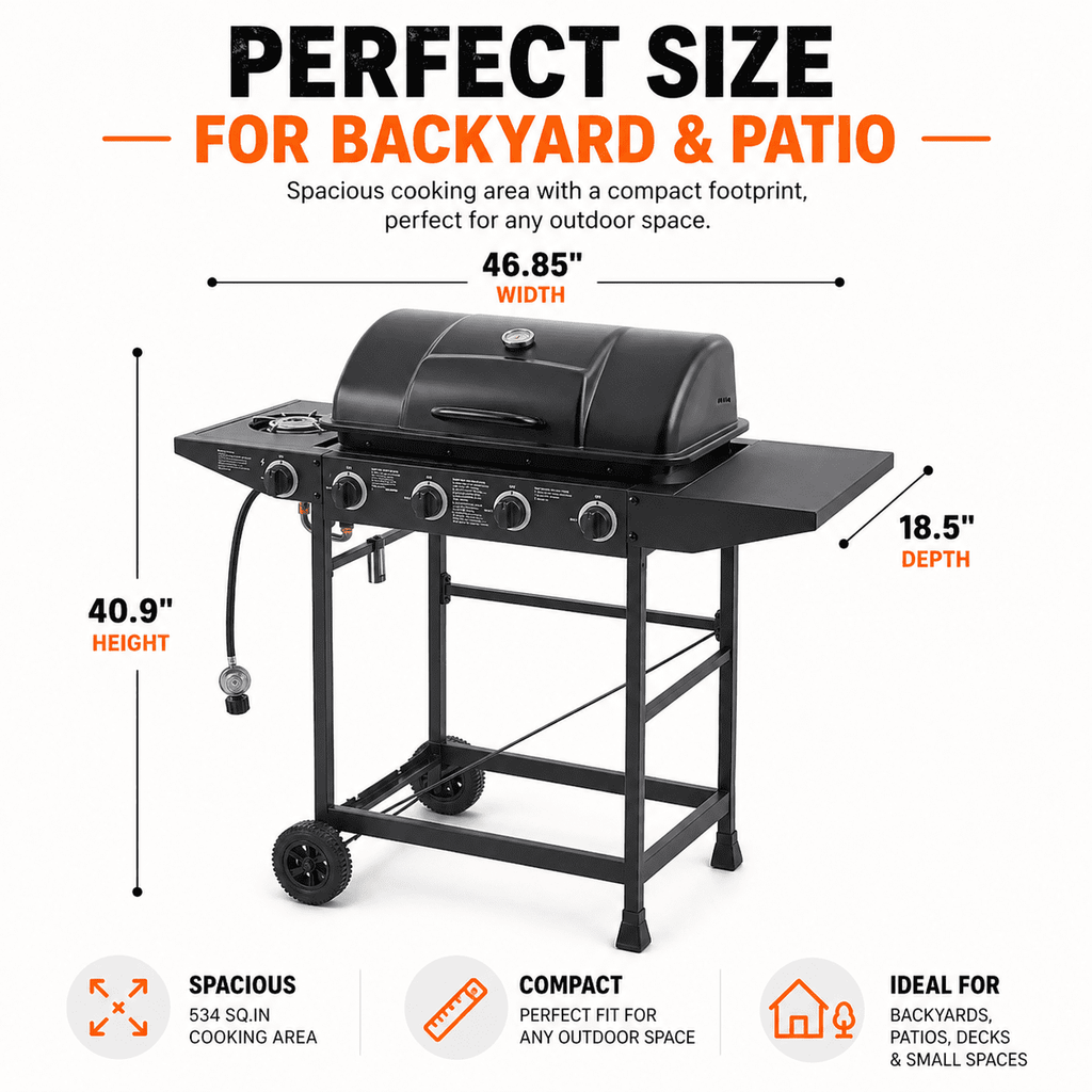 4 Burner Propane Gas Grill with Side Burner, 42000 BTU Stainless Steel BBQ Grill with Cast Iron Grates, 534 Sq In Cooking Area, Outdoor Barbecue Grill with Side Tables for Patio Backyard Cooking Gas Grills