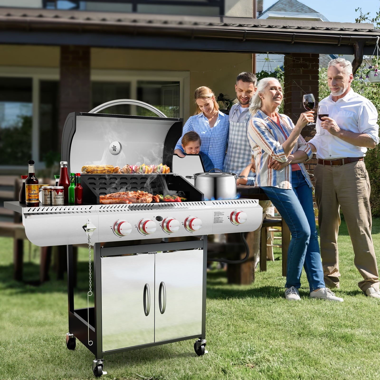 LHRIVER Stainless Steel 4 Burner Propane Gas Grill with Side Burner, Portable Outdoor Barbecue Grill, 42,000 BTU My Store