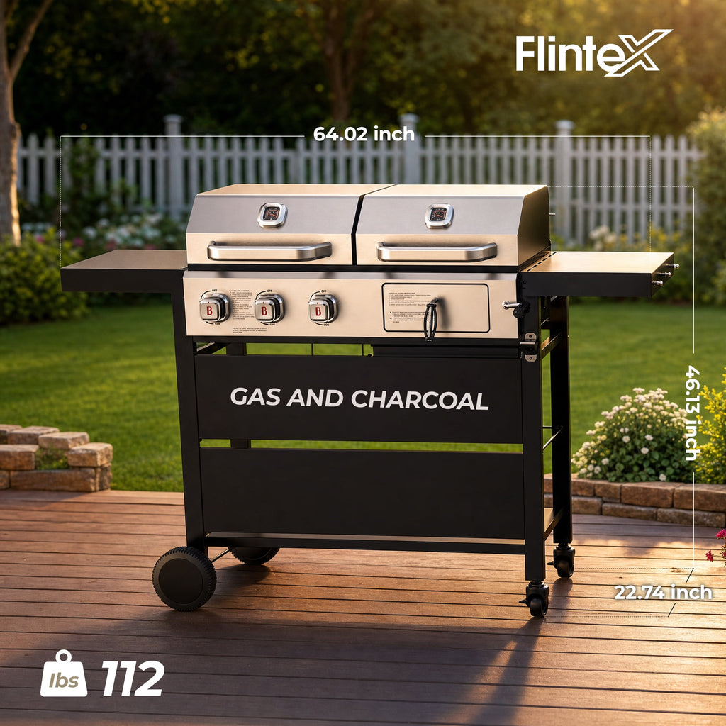 Propane Gas and Charcoal Grill Combo, Dual Fuel Outdoor BBQ Grill Stainless Steel Lids for Patio Garden Picnic Backyard Barbecue Cooking, Silver Gas Grills