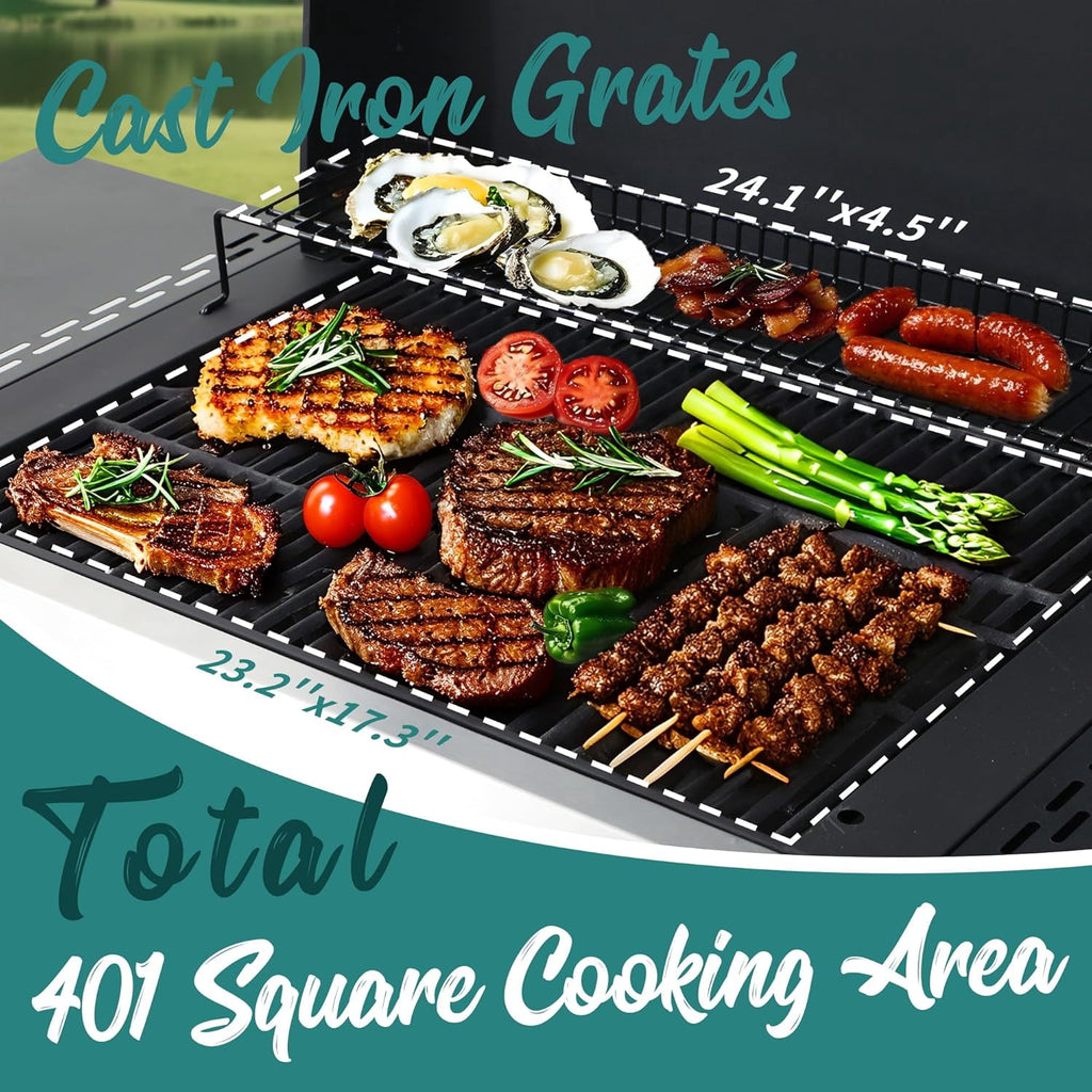 Updated 4 Burner Propane Gas Grill with Lid & Foldable Side Tables, 49200 BTU Outdoor BBQ Grill for Backyard - Stainless Steel Plancha & Cast Iron Cooking Grids Combo Unbranded