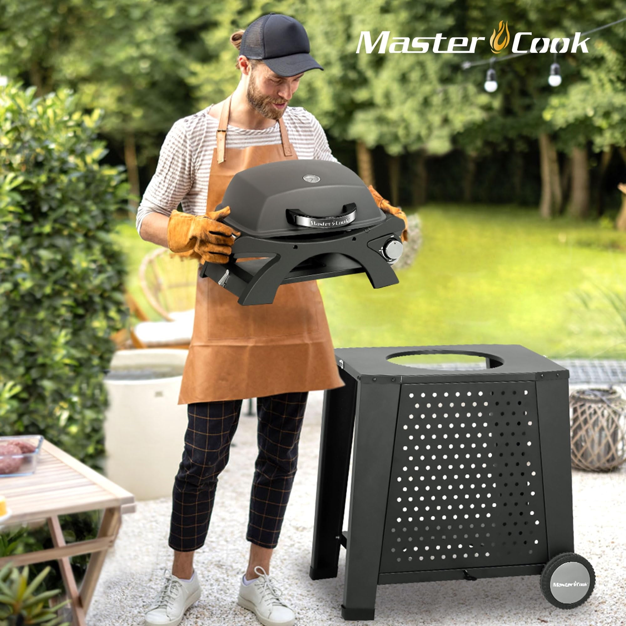 MASTER COOK Propane Gas Grill, Portable Tabletop Barbecue Grill with Cart for Patio, Camping, Travel Master Cook