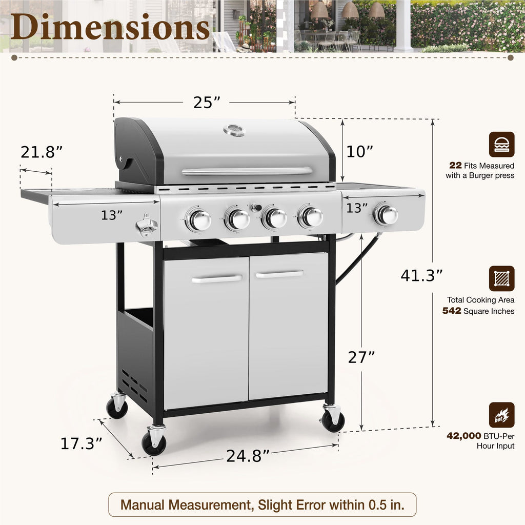 MF Studio 4 Burner Propane Gas Outdoor Grill with Side Burner Stainless Steel BBQ Grill Gas Grills