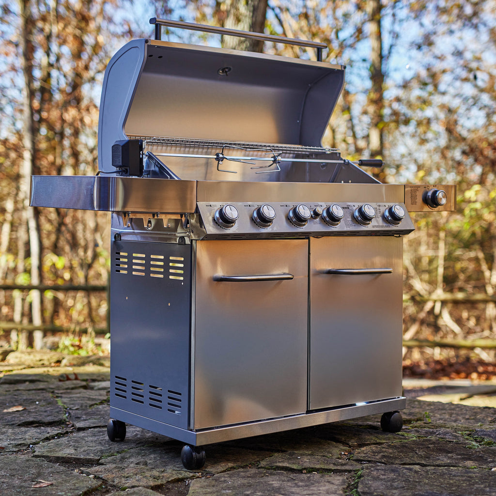 Monument Grills 6+1 Burner Propane Gas Grill  84,000 BTU Stainless Steel Outdoor Patio Barbecue Grill  LED Controls , Free Rotisserie Kit , and Easy Cleanup , 77352 Monument Grills