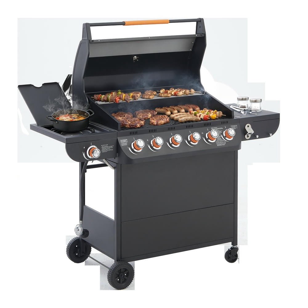 Kadyn 6-Burner Gas Barbecue Grill, 72000 BTU High-Heat Grill with Side Tables, Cast Iron Grates & Side Burner, Outdoor Kitchen, Black Kadyn