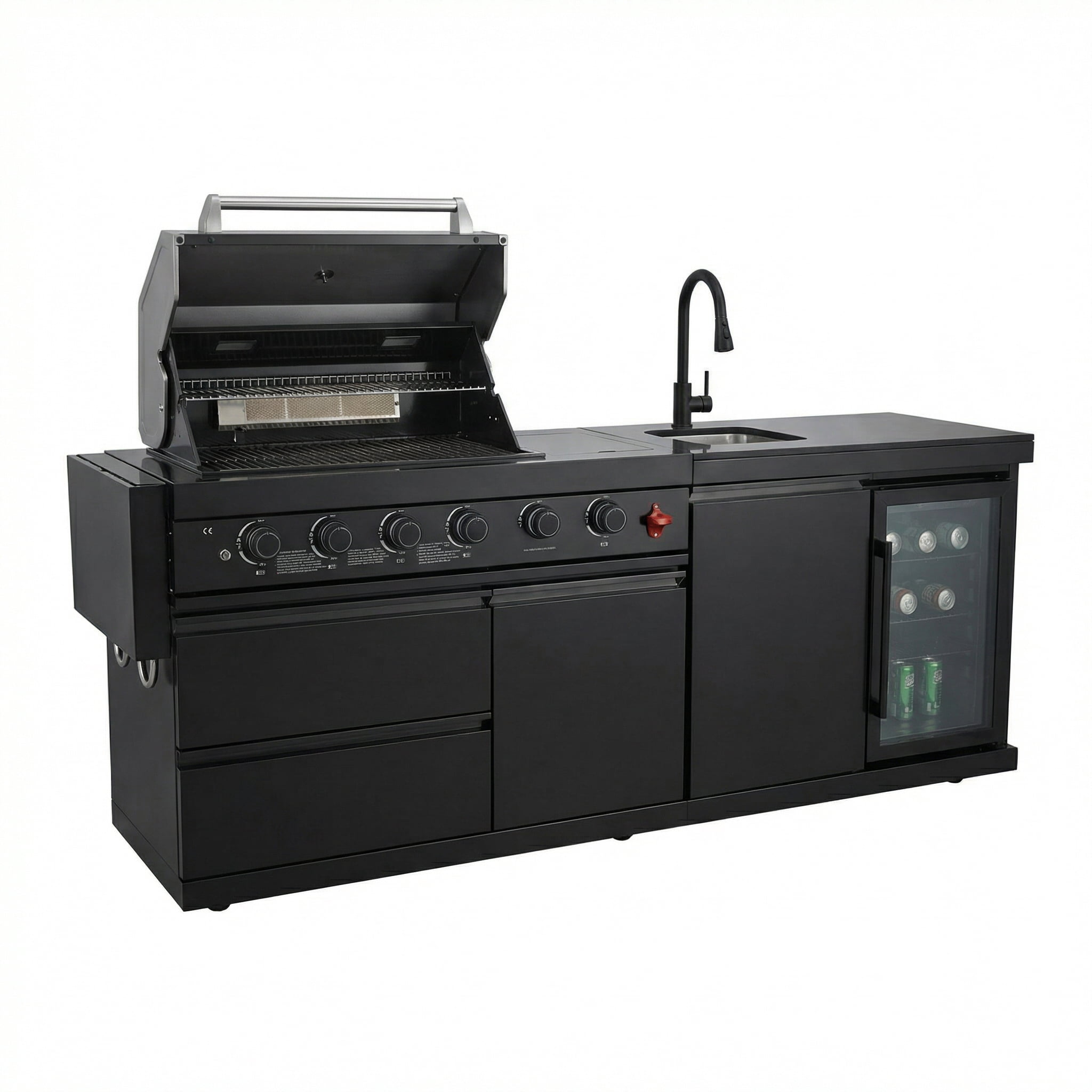 84 Deluxe Outdoor Kitchen Island with 6-Burner Gas Grill (75300 BTU), Premium SS304 Stainless Steel BBQ Station, Black Galaxy Granite Countertop, Dual-Zone Refrigerator, Sink, Rotisserie Kit & Cover HomeMindful