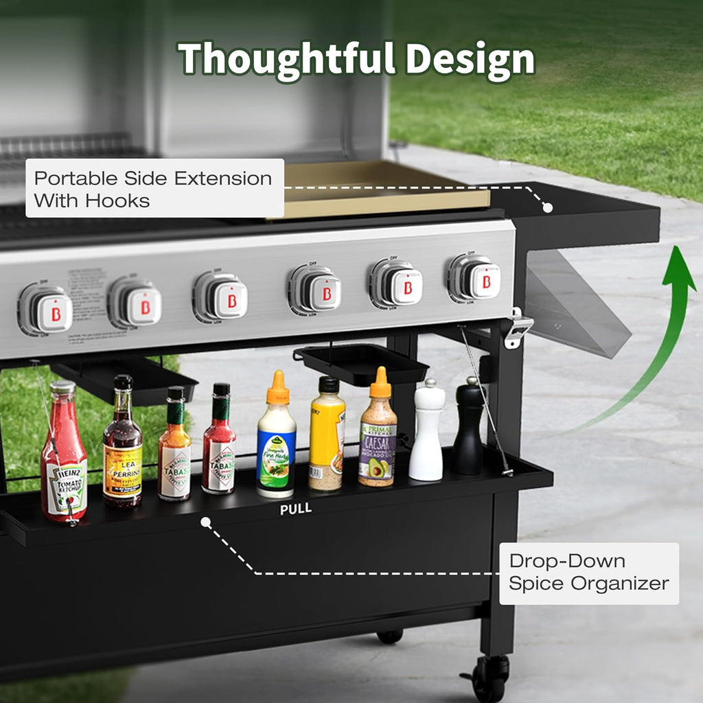 Brand Man Propane 6-Burner Combo Gas Grill with Flat Top Griddle, Heavy Duty 2-in-1 BBQ with Stainless Steel Lids for Outdoor Barbecue Gas Grills
