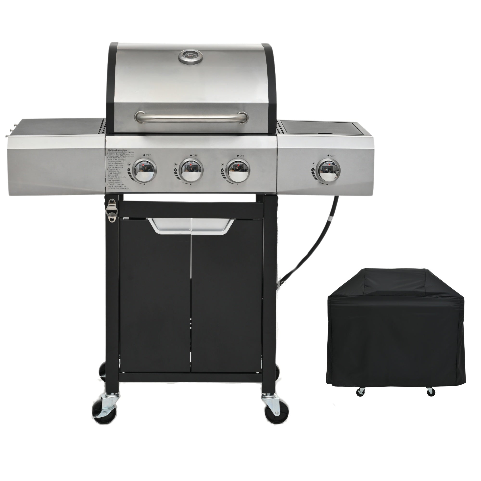 Gas Grill w/Side Burner, 40500BTU Propane Grill with Cover, Stainless Steel Outdoor BBQ 2 Cooking Areas, Portable Grill for Camping Patio Gas Grills