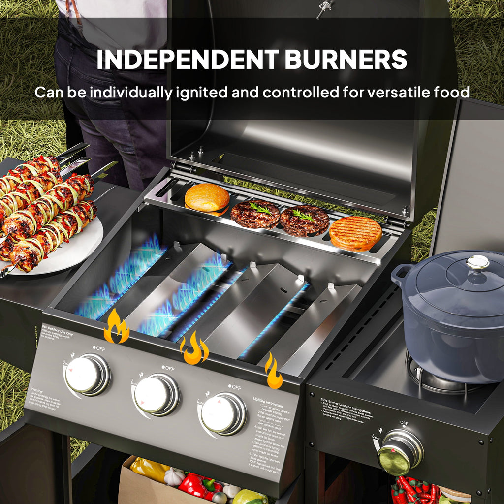 Outsunny 3 Burner Gas Grill with Side Burner, 9.5 KW Output, 310 Sq. in. Cooking Area, Cabinet Style Propane BBQ Grill with Shelves, Black Outsunny