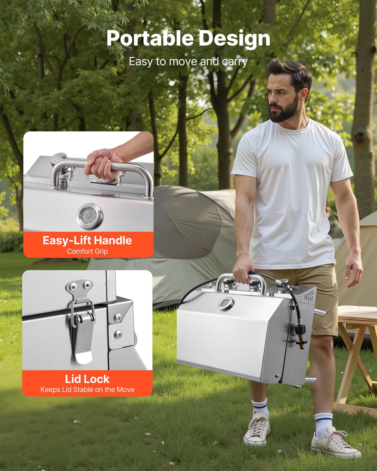 VEVOR Tabletop Gas Grill, 3-Burner Stainless Steel Portable Propane Grill, with Built-in Thermometer, Travel Locks, Weatherproof Lid, 22,500 BTU Total, for Outdoor Cooking,Patio,Party,Camping,RV VEVOR