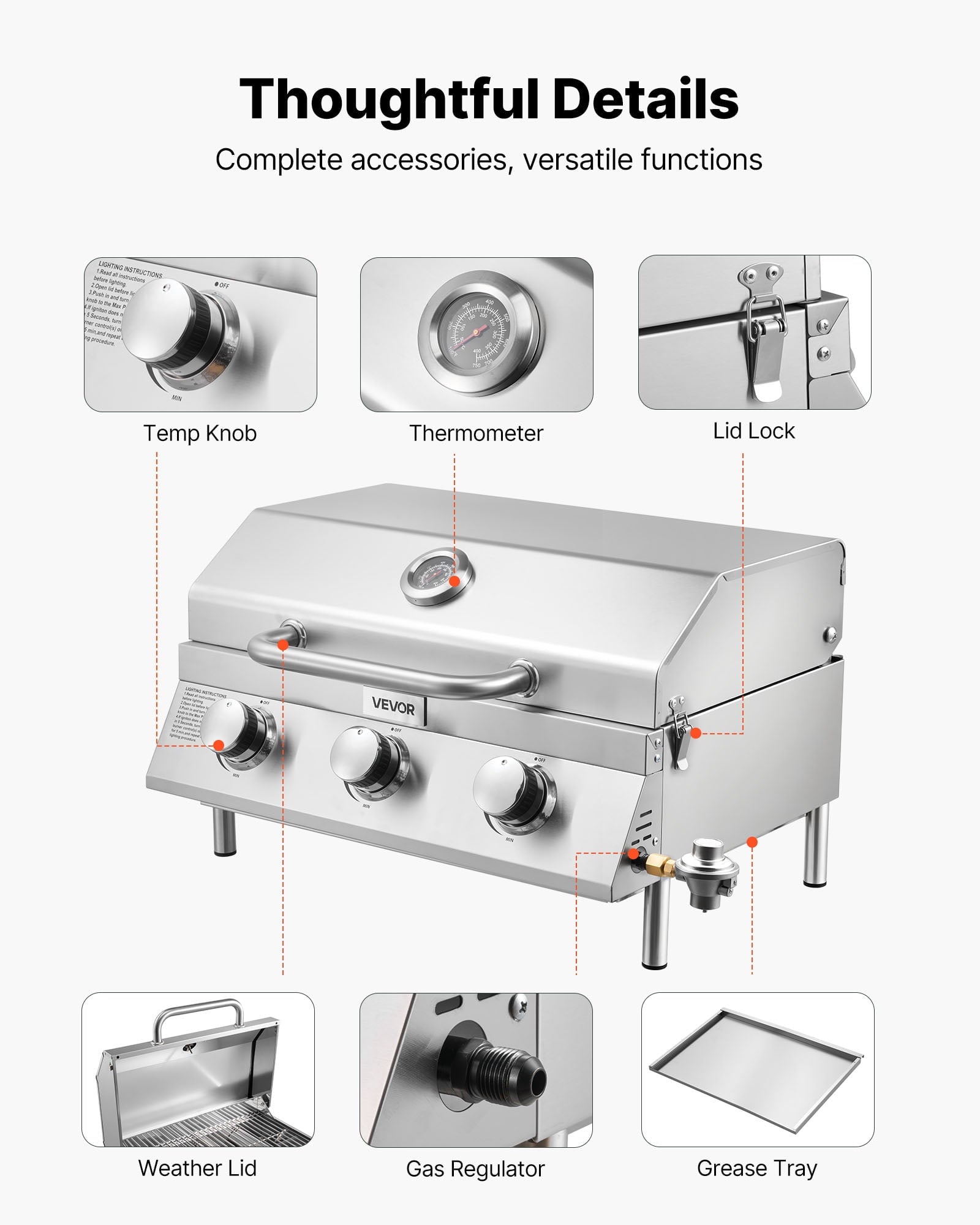 VEVOR Tabletop Gas Grill, 3-Burner Stainless Steel Portable Propane Grill, with Built-in Thermometer, Travel Locks, Weatherproof Lid, 22,500 BTU Total, for Outdoor Cooking,Patio,Party,Camping,RV VEVOR