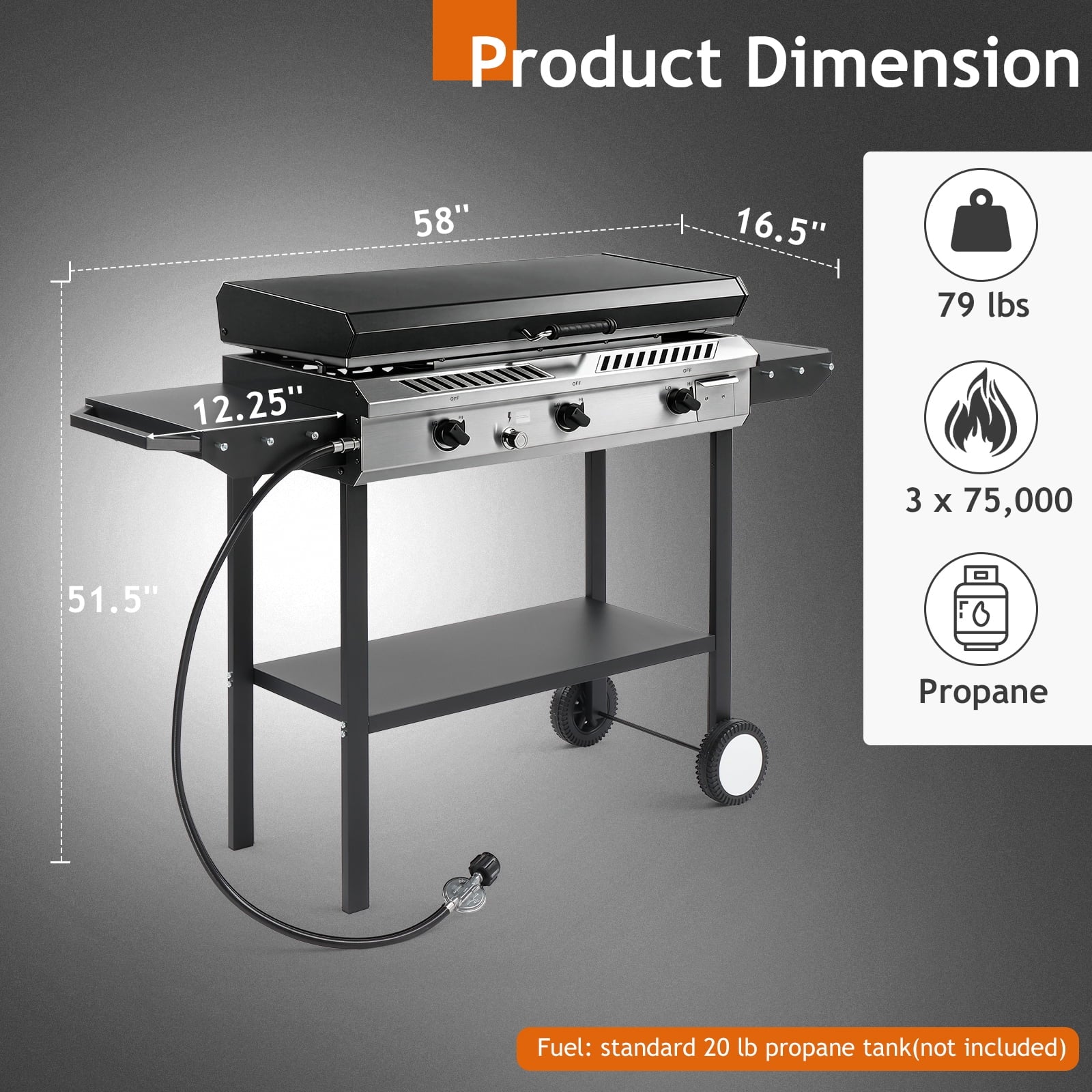 Zintown 3 Burner 225000-BTU Outdoor Stove Propane Gas Griddle with Portable Pan,Lid Zintown