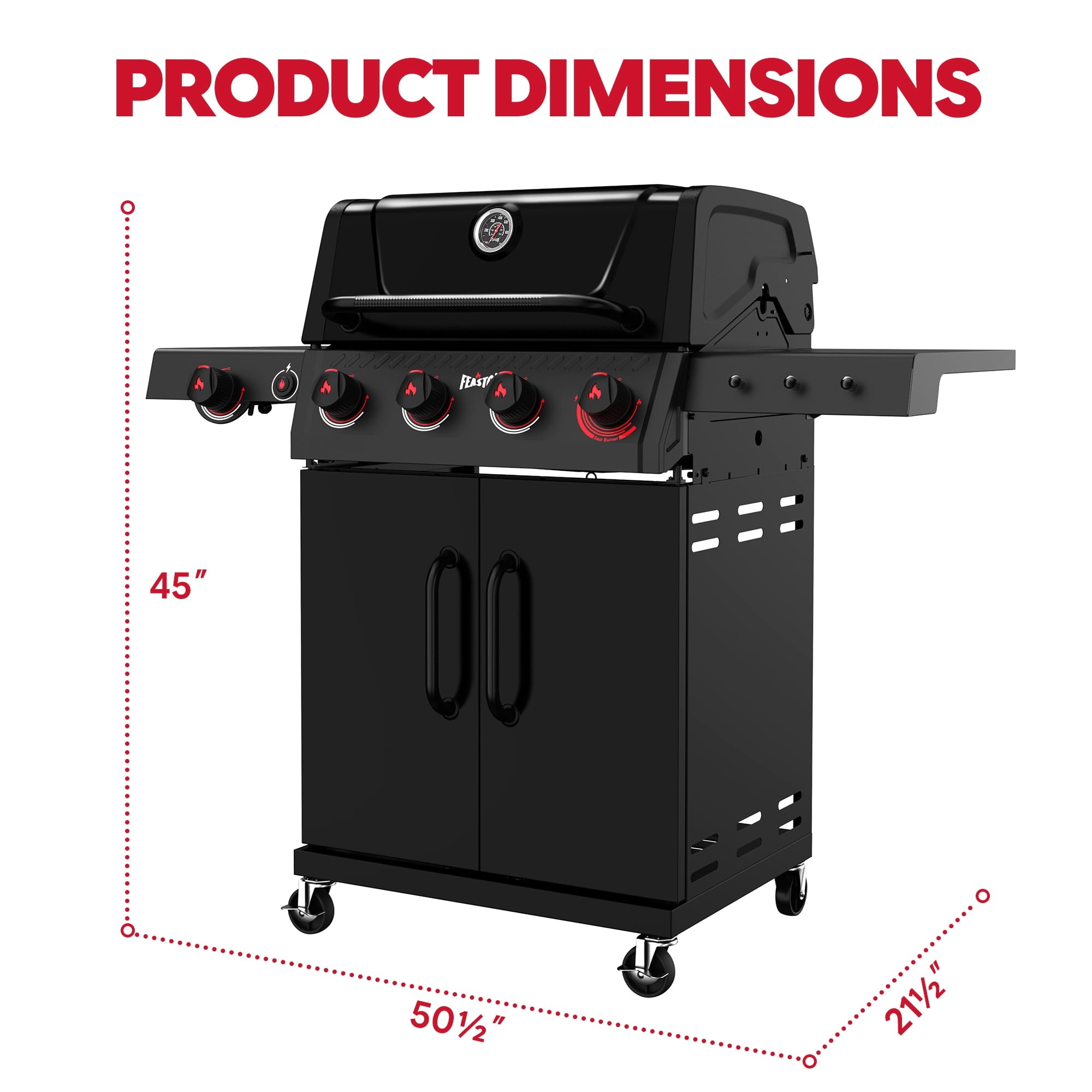 Feasto 4-Burner Propane Gas Grill with Side Sear Burner, 49500 BTU, 563 Sq.In., Cabinet Storage Gas Grills