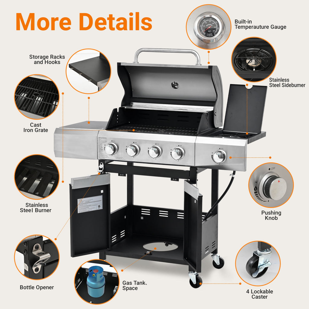4 Burner BBQ Propane Gas Grill with Side Burner, Outdoor Stainless Steel 46790 BTU Patio Garden BBQ Grill with Lid, Wheels for Camping, Outdoor Cooking Gas Grills