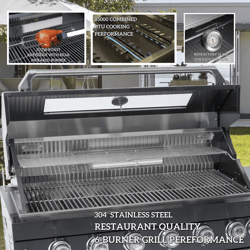 110-Inch 4-Burner 72000 BTU Deluxe Stainless Steel Propane Gas Outdoor Kitchen Bar Barbecue Island Grill Wine Cooler Compact+Refrigerator+Rotisserie+Granite Countertops+Storage Cabinets & Drawers HomeMindful