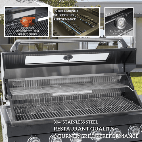 110-Inch 4-Burner 72,000 BTU Stainless Steel Outdoor Kitchen Island Grill with Wine Cooler Refrigerator, Rotisserie Kit, Granite Countertops, Storage Cabinets & Drawers Chery Industrial