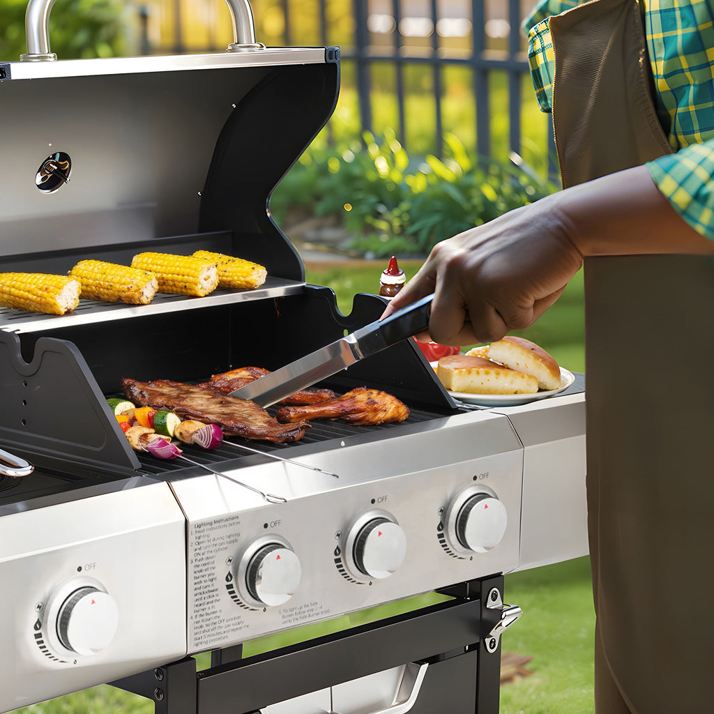 Gas Grill w/Side Burner, 40500BTU Propane Grill with Cover, Stainless Steel Outdoor BBQ 2 Cooking Areas, Portable Grill for Camping Patio Gas Grills