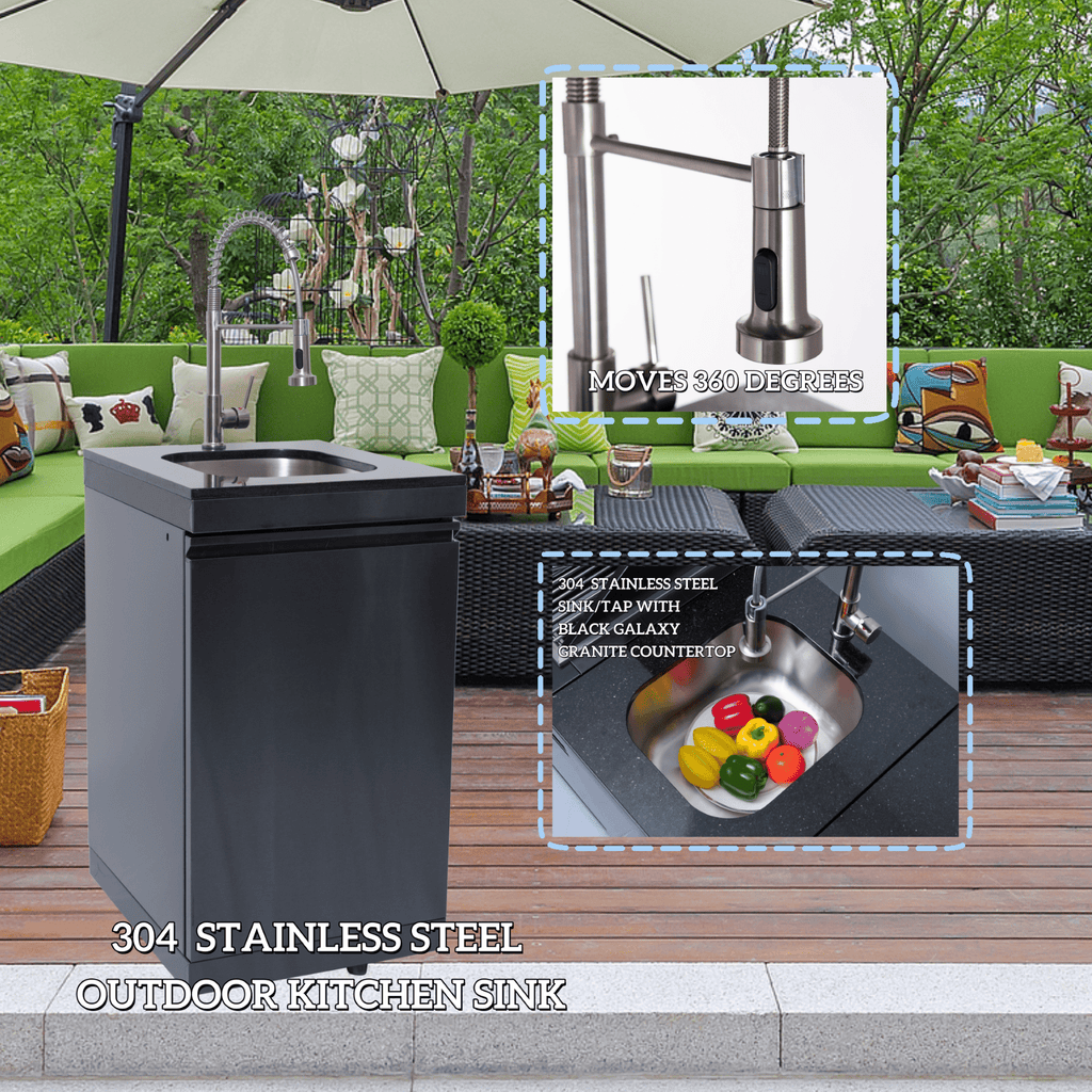AirWire 104 Deluxe Outdoor Kitchen Island: 4-Burner 85,000 BTU 304 Stainless Steel Gas Grill with Sink, Wine Cooler Refrigerator, Granite Countertop & Rotisserie Kit HomeMindful