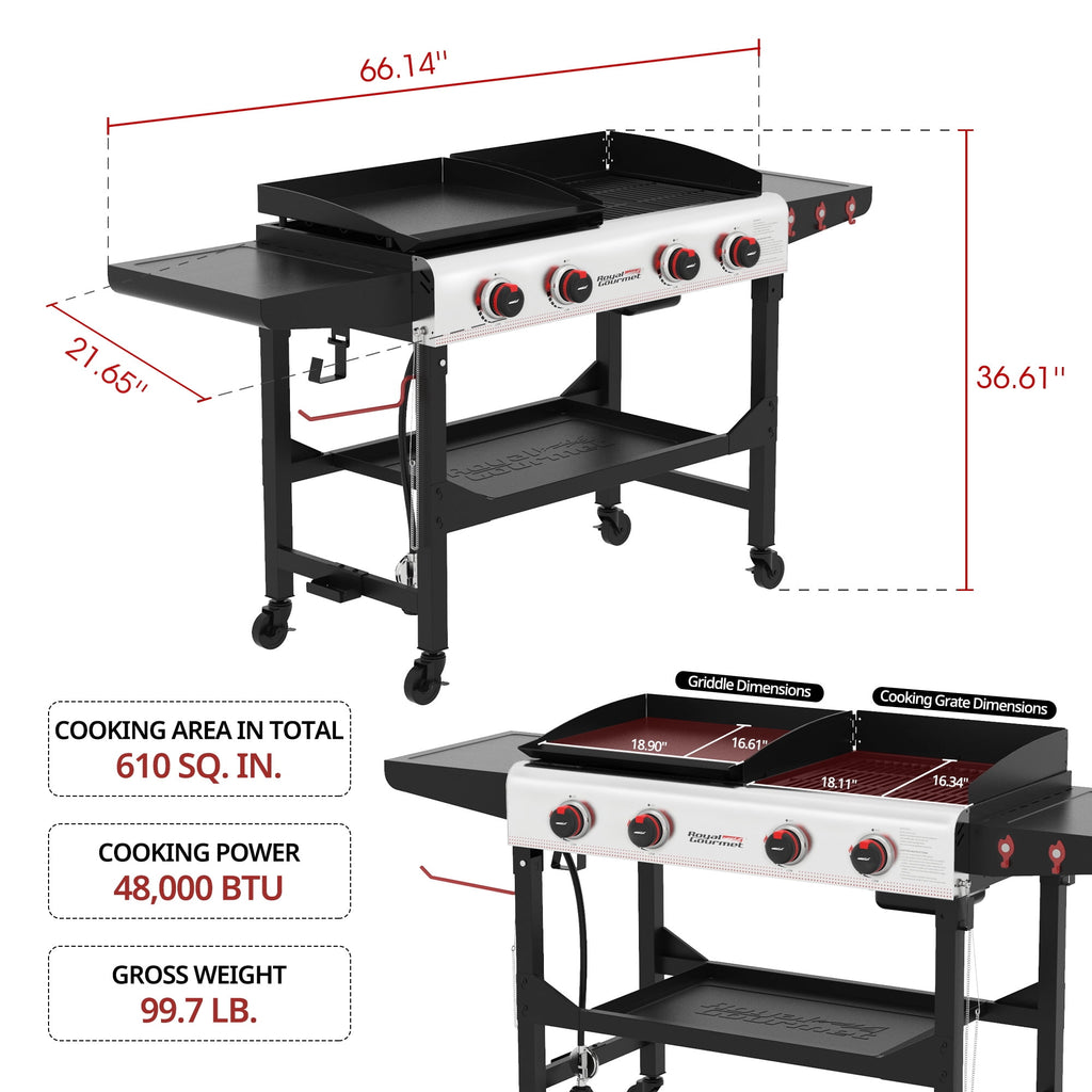 Royal Gourmet GD403 4-Burner Portable Flat Top Gas Grill and Griddle Combo Grill with Folding Legs Royal Gourmet