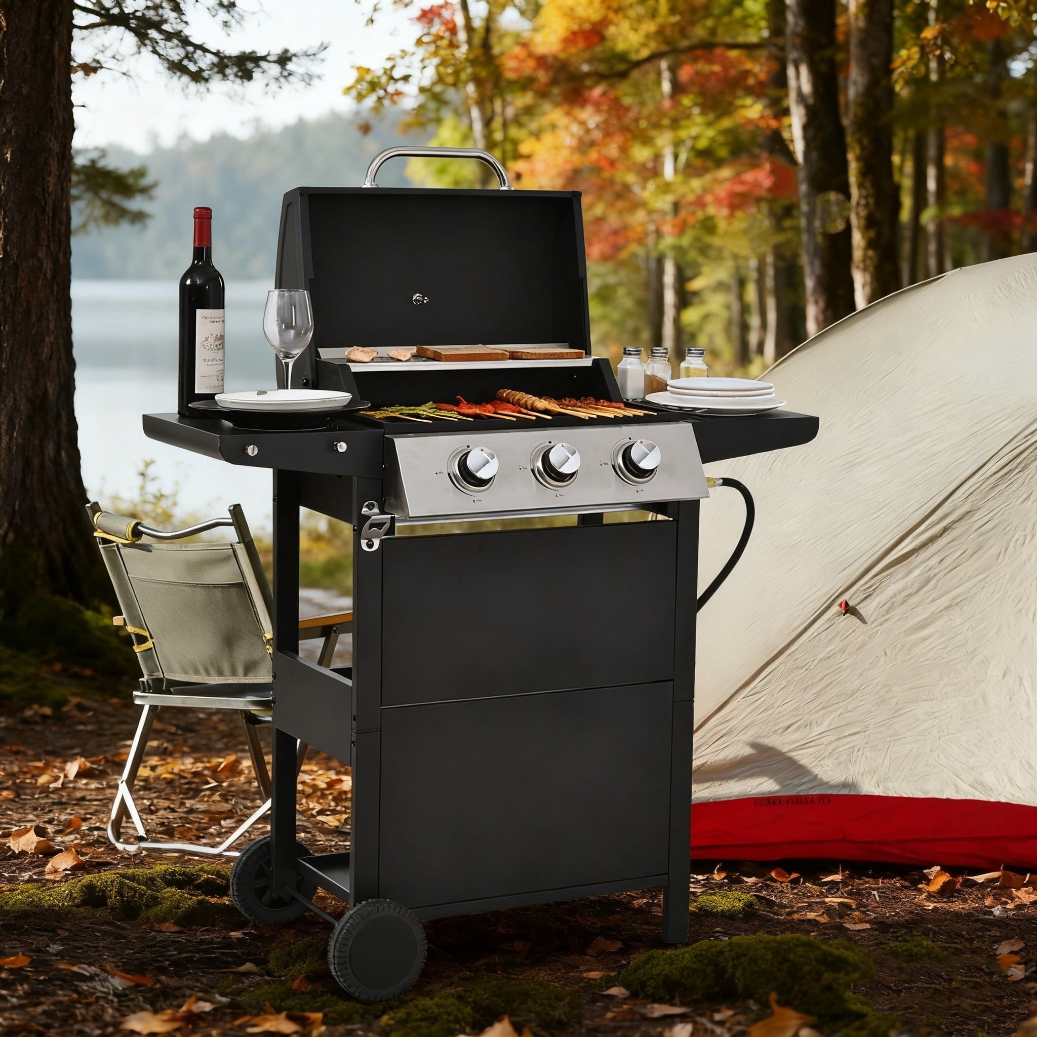 iCapeson 3-Burner Propane Gas Grill, 26,000 BTU Stainless Steel Outdoor BBQ Grill with 2 Side Shelves, Wheels, Thermometer & Bottle Opener for Patio, Garden, and Backyard Barbecue Gas Grills