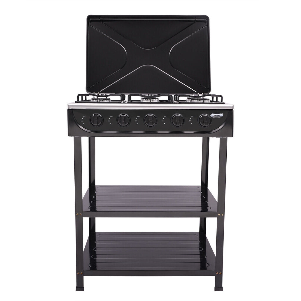 5-Burner Gas Stove Outdoor Camping Cooking BBQ Grill with 2-Tier Storage Rack Unbranded