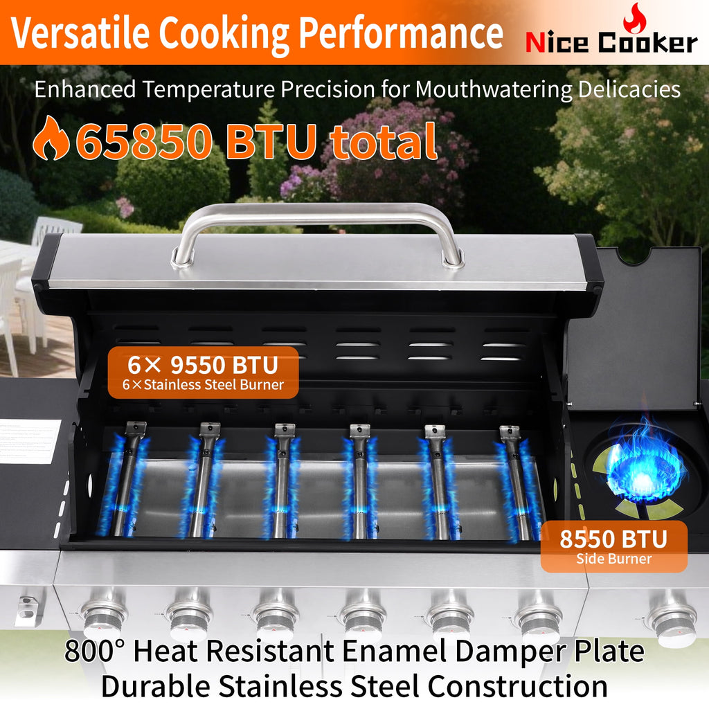 Nice Cooker 6-Burner Propane Gas BBQ Grill with Side Burner - 65850 BTU Total Output Stainless Steel Grills with Enameled Cast Iron Grill for Outdoor Backyard Barbecue, 620 SQ. IN. Cooking Area Nice Coker