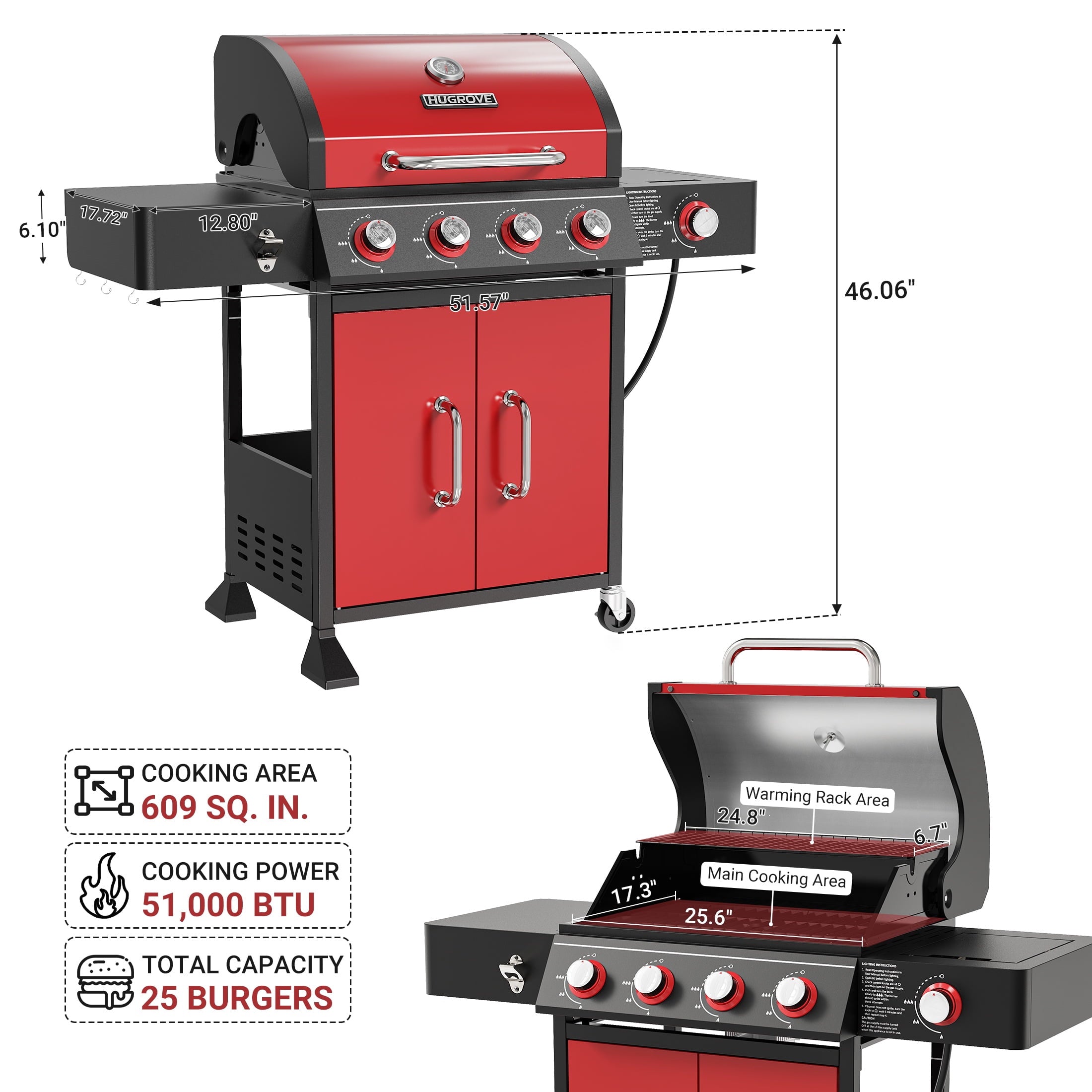 4-Burner Gas Grill with Side Burner, 51,000 BTU, HUGROVE  BBQ Grill with Porcelain-Enameled Lid,Cast Iron Grates, Propane Grills Outdoor Cooking, Red Gas Grills
