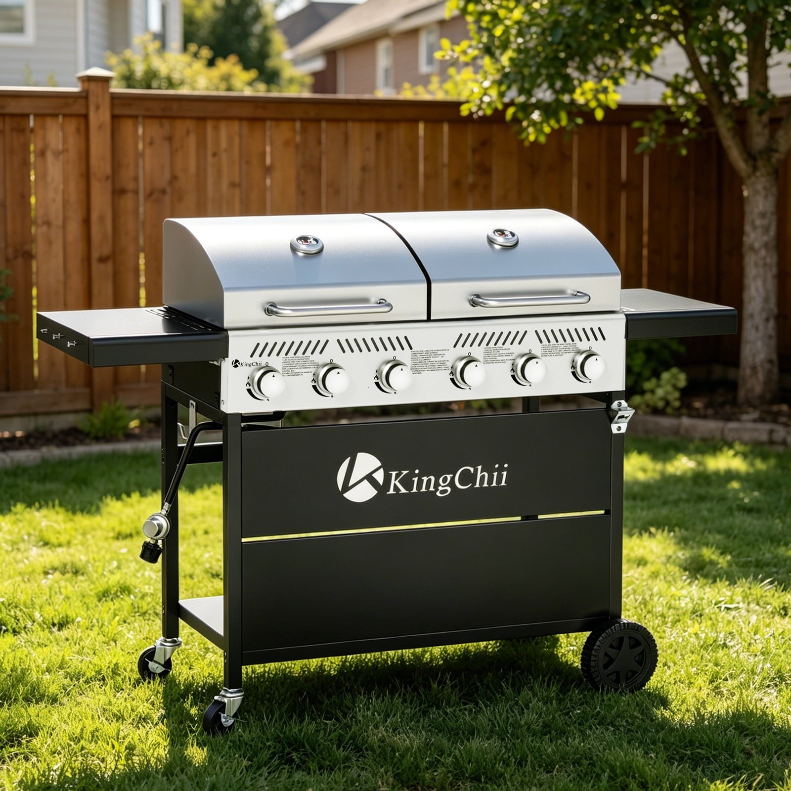 KingChii Propane Gas Grill and Griddle Combo, 2 in 1 Dual Outdoor BBQ with 45,000 BTU for Outdoor Patio Cooking Barbecue Gas Grills