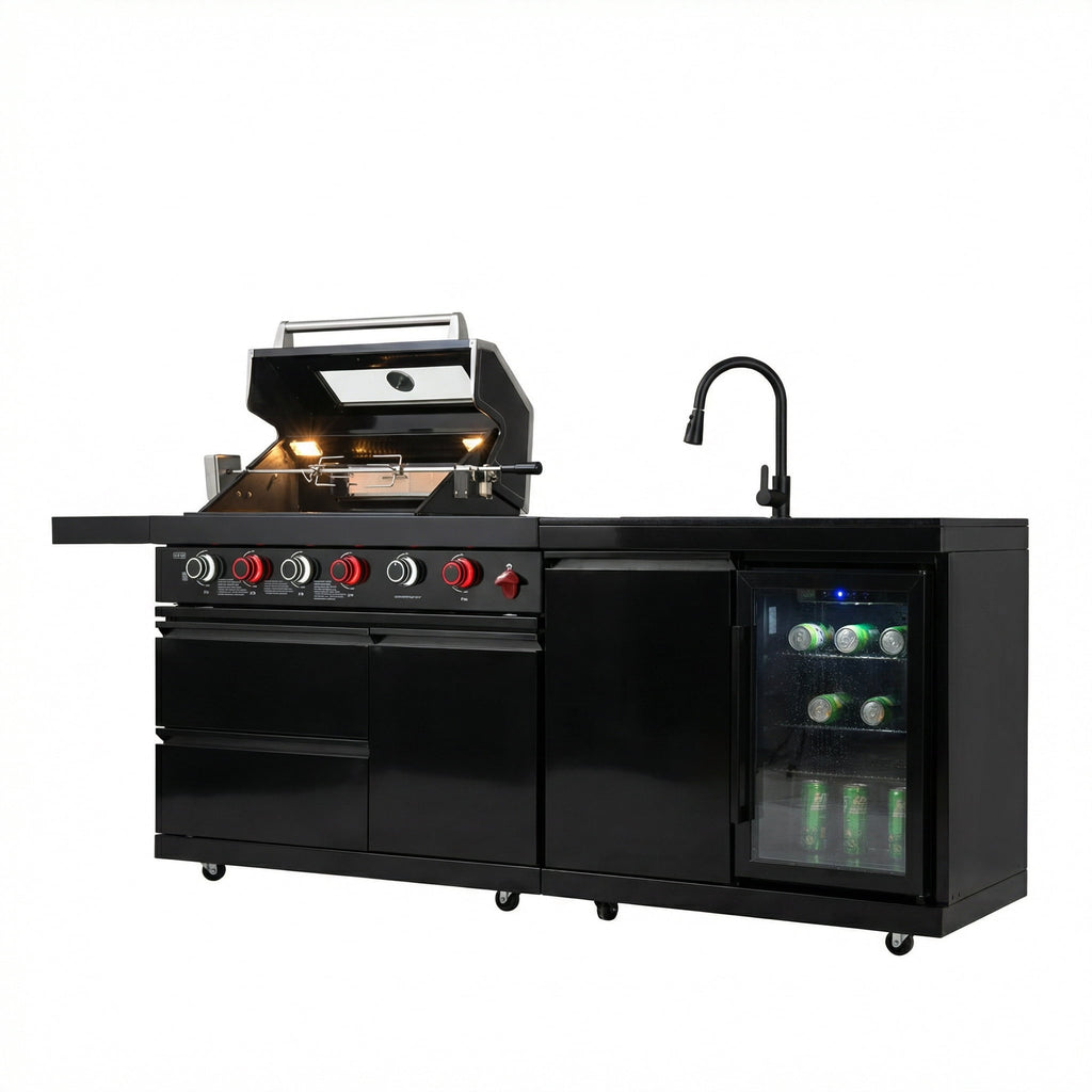 84 Deluxe Outdoor Kitchen Island with 6-Burner Gas Grill (75300 BTU), Premium SS304 Stainless Steel BBQ Station, Black Galaxy Granite Countertop, Dual-Zone Refrigerator, Sink, Rotisserie Kit & Cover HomeMindful