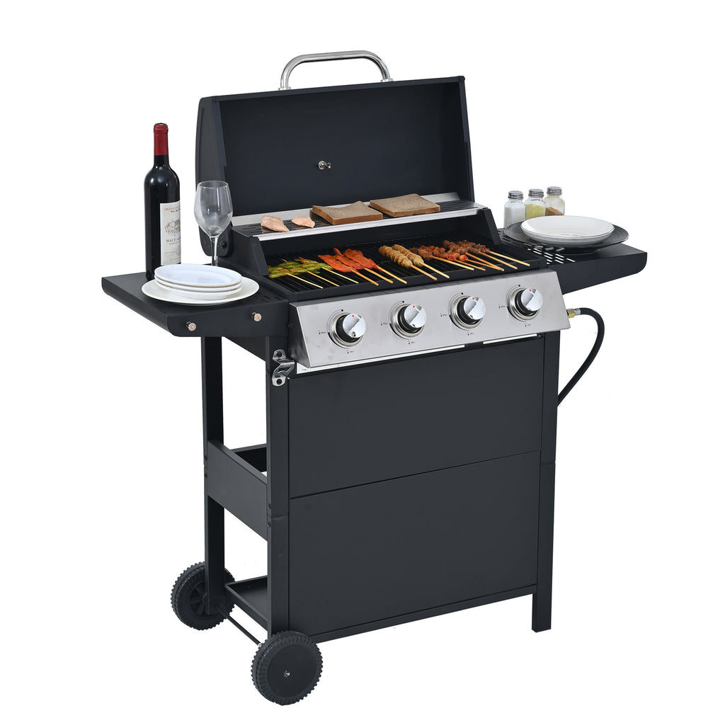 Minyam 4-Burner Propane Gas Grill with Side Shelves and Wheels, Stainless Steel Gas Grills