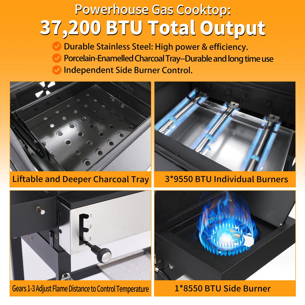 3 Burner Gas & Charcoal Combo Grill with Side Burner, Outdoor BBQ Propane Grill, 673 Sq. In. Cast Iron Grates & Reversible Griddle, 37200 BTU Stainless Steel Lid for Backyard Cooking Nice Cooker