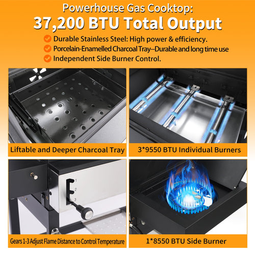 3 Burner Gas & Charcoal Combo Grill with Side Burner, Outdoor BBQ Propane Grill, 673 Sq. In. Cast Iron Grates & Reversible Griddle, 37200 BTU Stainless Steel Lid for Backyard Cooking Nice Cooker