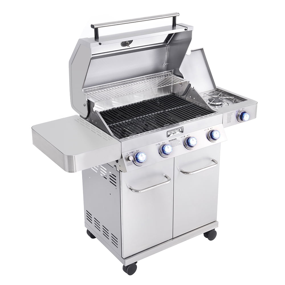 Monument Grills 4-Burner Natural Gas Grill in Stainless with Clear View Lid, LED Controls, Grill Cover, and Side Burner Monument Grills