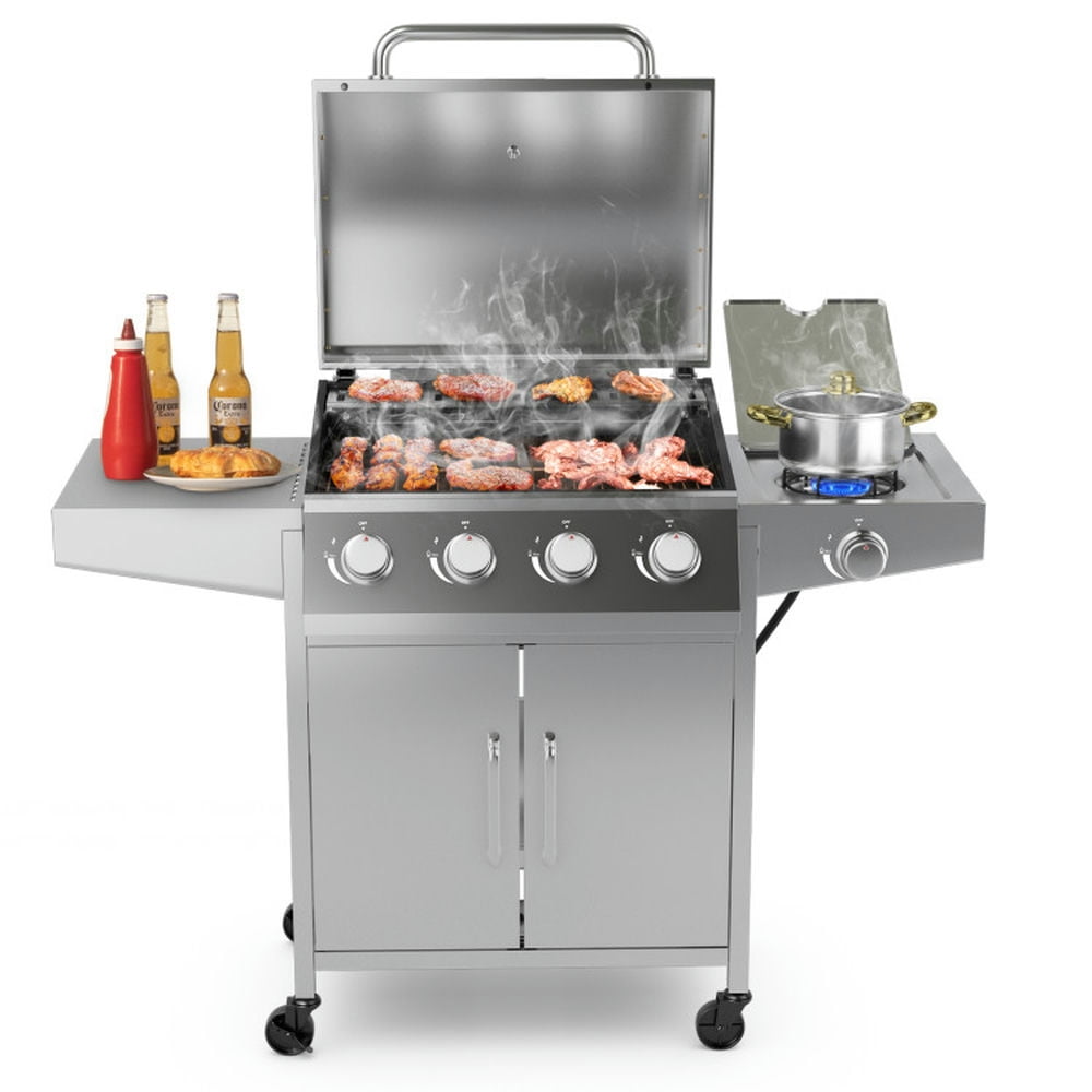 Spaco 50000BTU 5-Burner Propane Gas Grill with Side Burner and 2 Prep Tables-Silver, Camp Stove for Outdoor Cooking Spaco